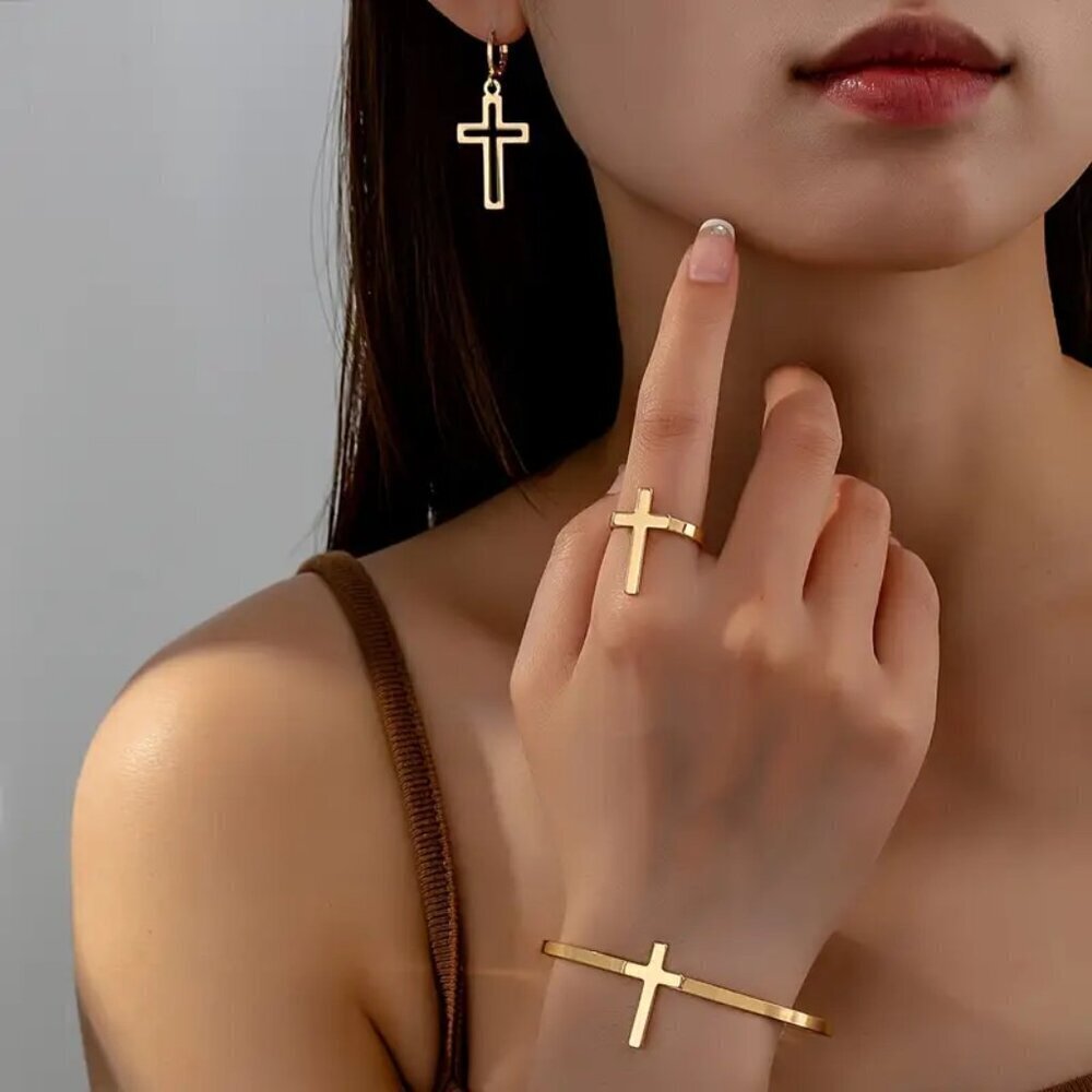 NEW - 4 piece BOHO cross jewelry set, vintage style cross bracelet, cross ring
